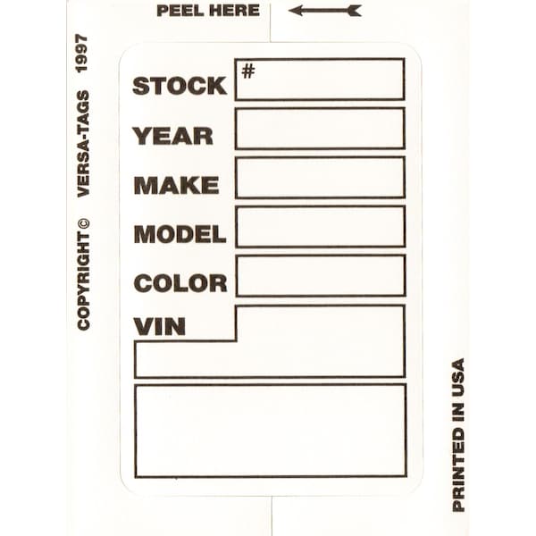 Car Dealer Depot Versa-Tag Kleer-Bak Stock Stickers, 3" X 4", 100 Per Box: White Pk 425 - main